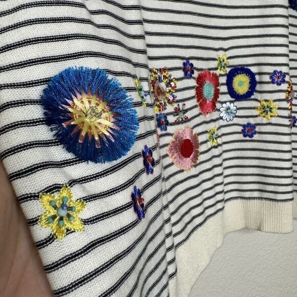 Talbots Sweater Medium Striped Floral Embroidery Beaded Embellish Bell Sleeve - Picture 7 of 16
